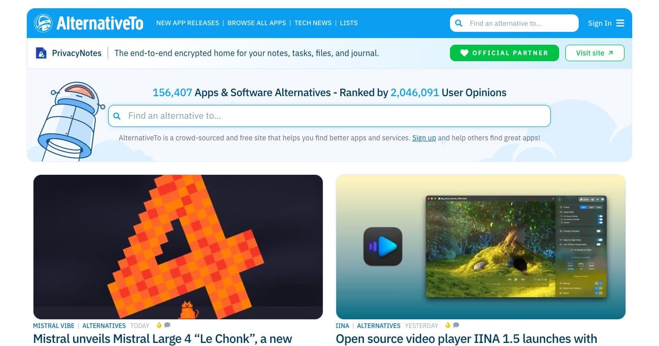 AlternativeTo homepage with a search box above 156,407 apps and software alternatives ranked by 2,046,091 user opinions, under an Official Partner banner