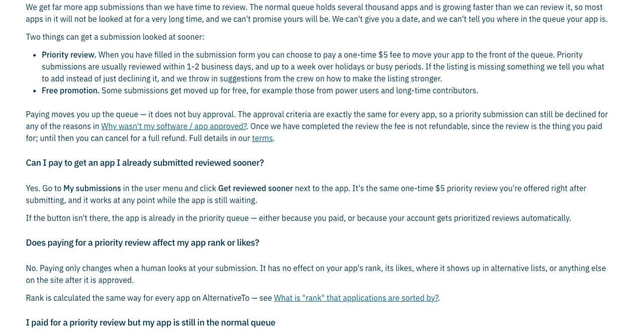 AlternativeTo FAQ text on the review queue: several thousand apps waiting and a one-time $5 priority review usually done within 1-2 business days