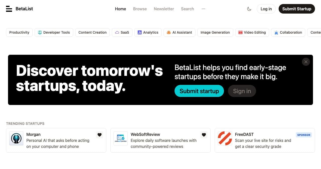 BetaList homepage with the headline "Discover tomorrow's startups, today." and the Trending Startups row