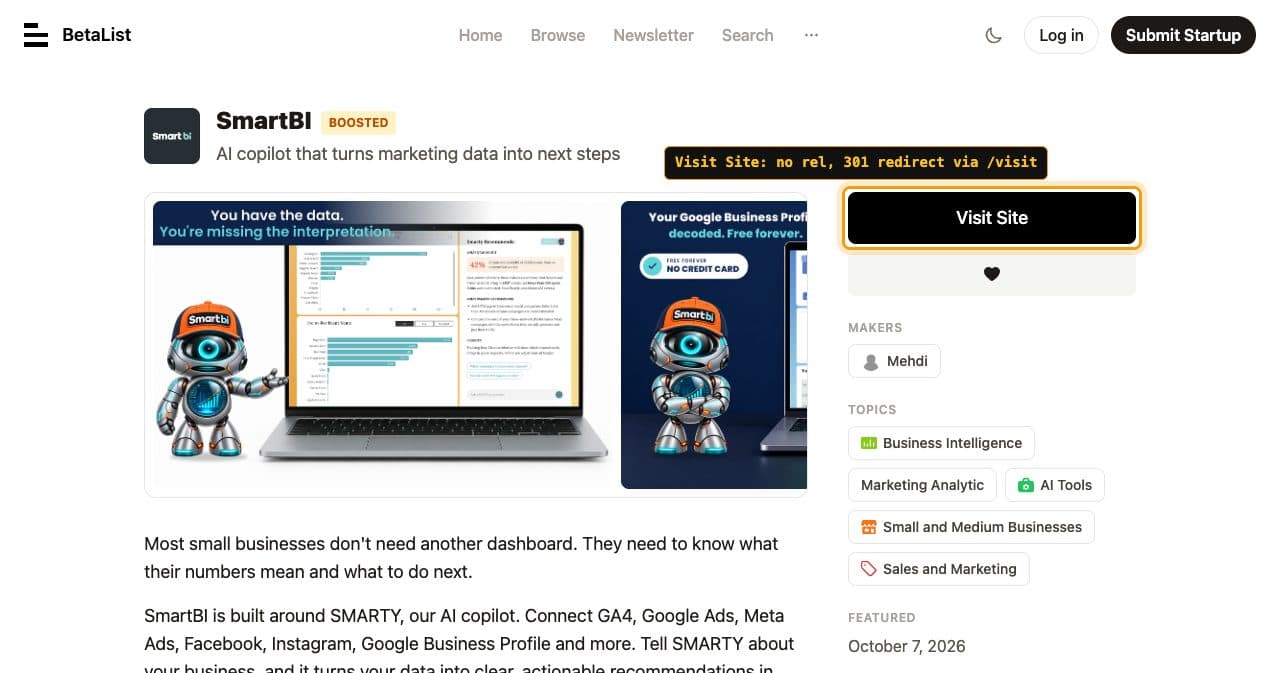 BetaList listing for SmartBI, featured October 7, 2026, with the Visit Site button framed and labeled no rel, 301 redirect via /visit