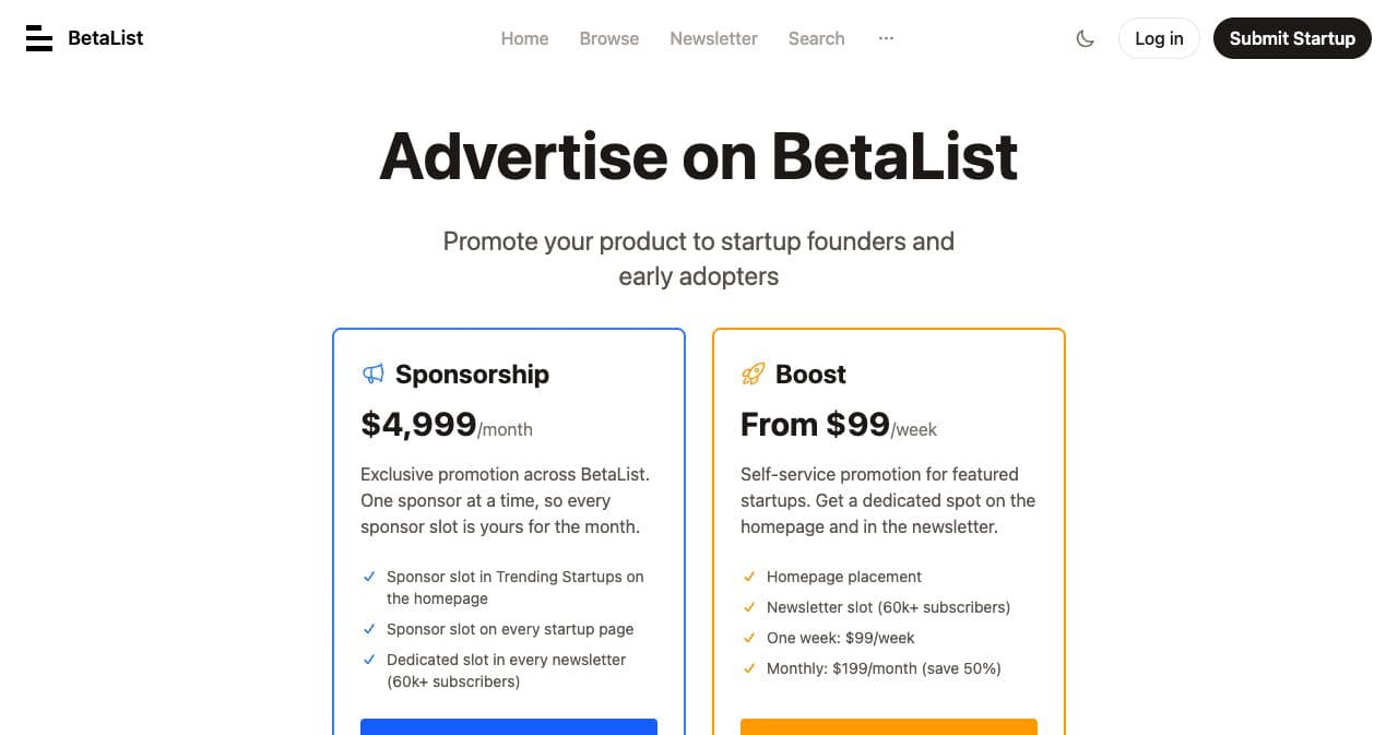 BetaList advertise page showing Sponsorship at $4,999 a month and Boost from $99 a week