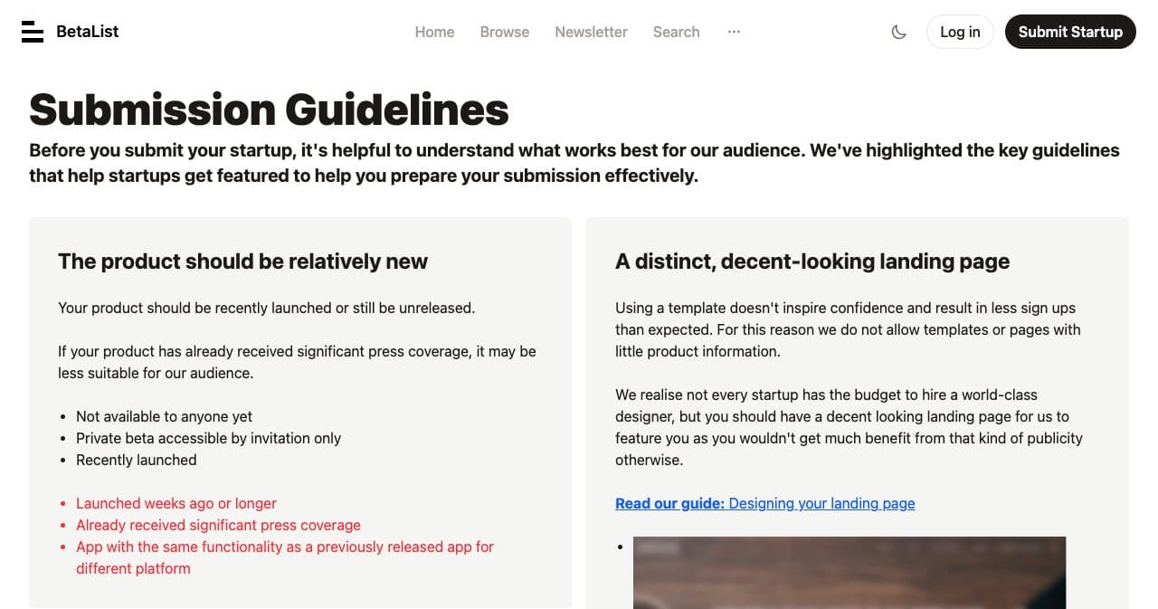 BetaList submission guidelines: the product should be relatively new and needs a distinct, decent-looking landing page