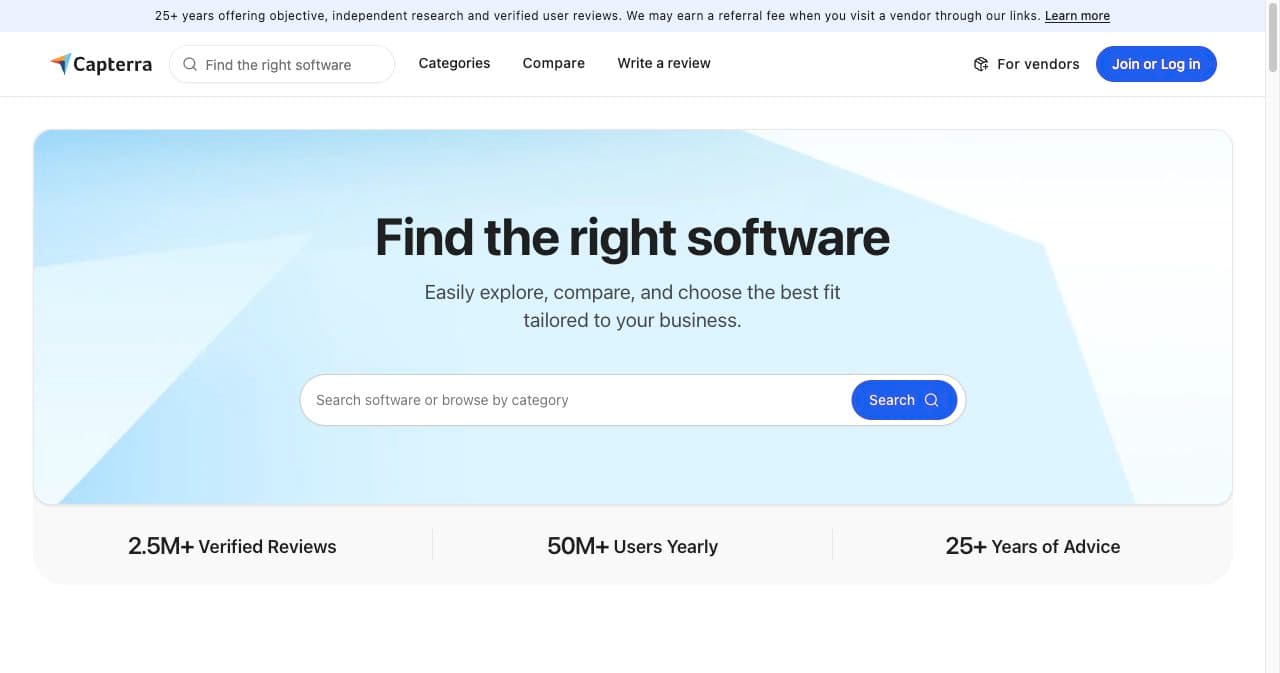 Capterra homepage with the headline Find the right software and the counters 2.5M+ verified reviews, 50M+ users yearly and 25+ years of advice