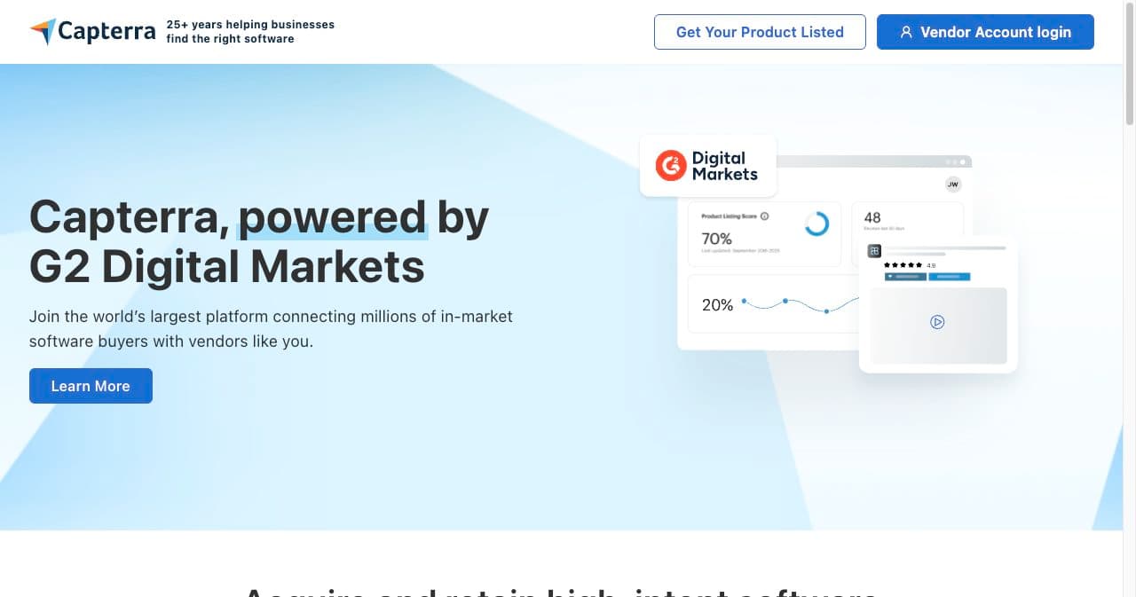 Capterra vendor page headed Capterra, powered by G2 Digital Markets, with Get Your Product Listed and Vendor Account login buttons