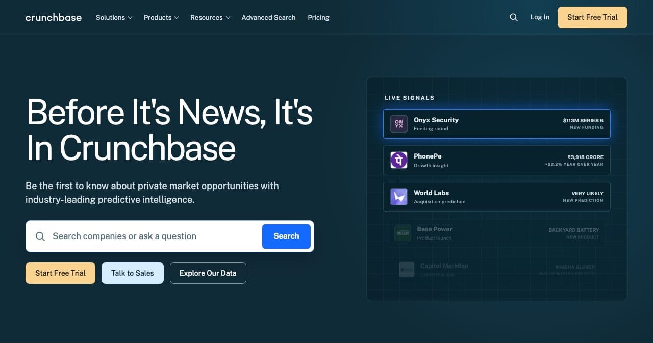 Crunchbase homepage hero reading Before It's News, It's In Crunchbase, with a search box and a panel of live funding and acquisition signals