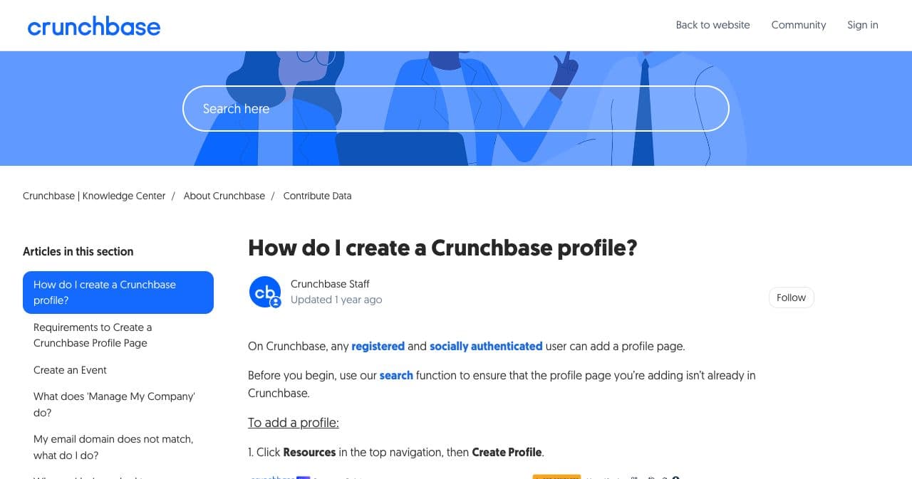 Crunchbase Knowledge Center article titled How do I create a Crunchbase profile, saying any registered and socially authenticated user can add a profile page