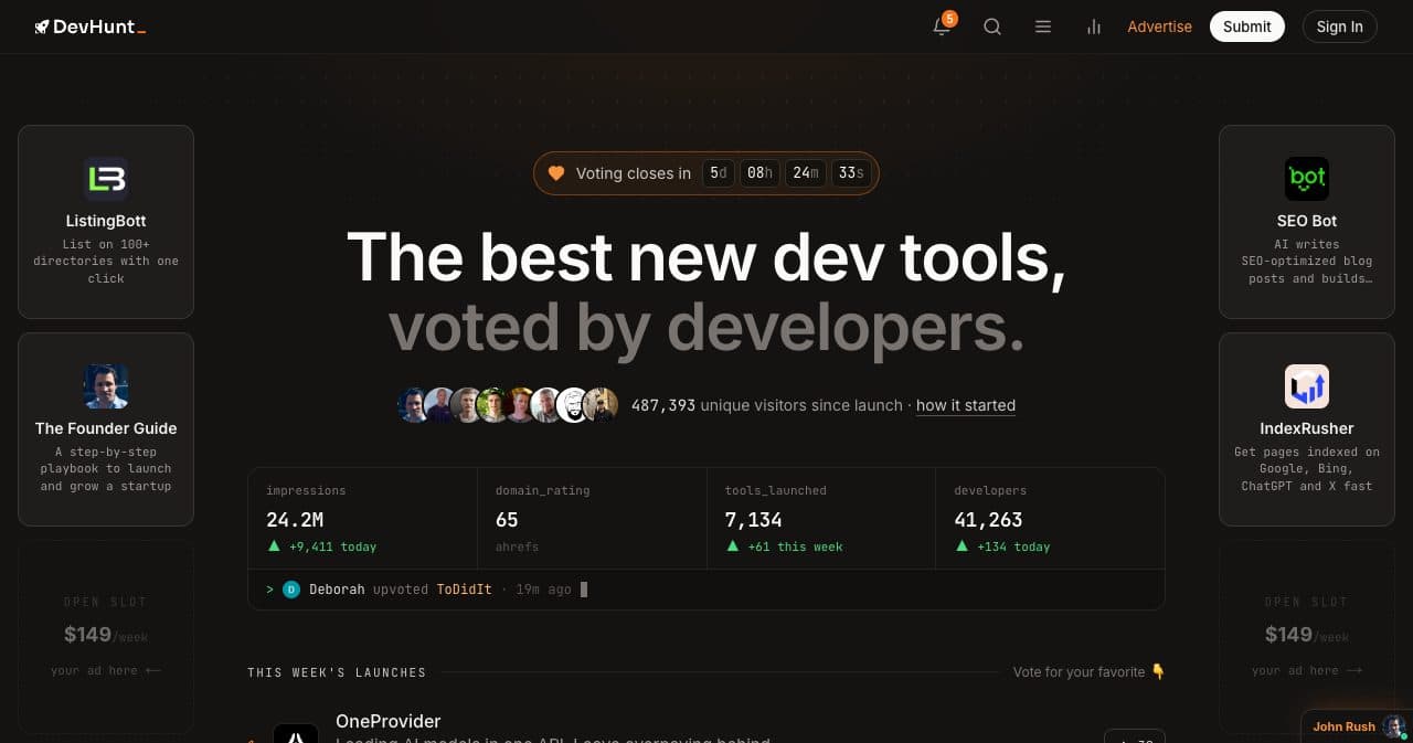 DevHunt homepage: "The best new dev tools, voted by developers." with a voting countdown, a stats strip (impressions, domain rating, tools launched, developers) and sponsor cards on both sides