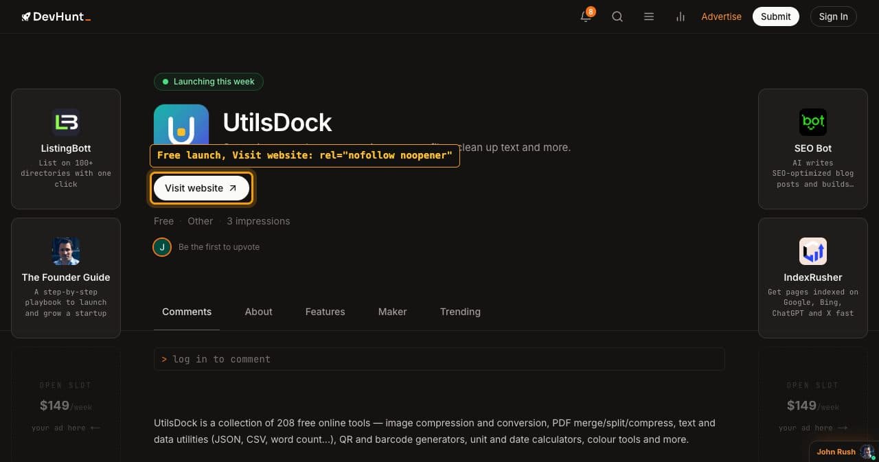 DevHunt tool page for UtilsDock, a free launch this week with no upvotes yet, its Visit website button framed and labeled rel="nofollow noopener"