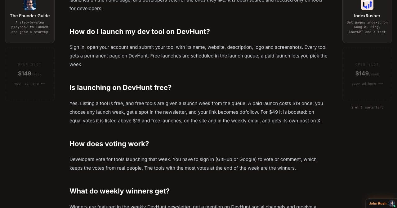 DevHunt FAQ answer to "Is launching on DevHunt free?": a free listing with a queue week, a $19 paid launch with a dofollow link and a $49 boosted launch
