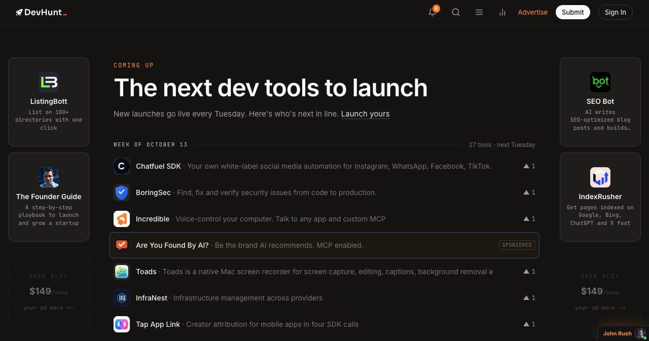 DevHunt upcoming page: new launches go live every Tuesday, with 27 tools lined up for the week of October 13 and a sponsored row