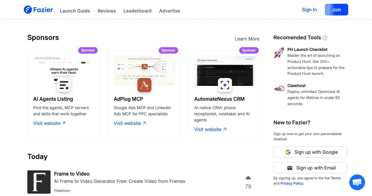 Fazier homepage with three sponsor cards above the Today list, led by Frame to Video with 79 upvotes