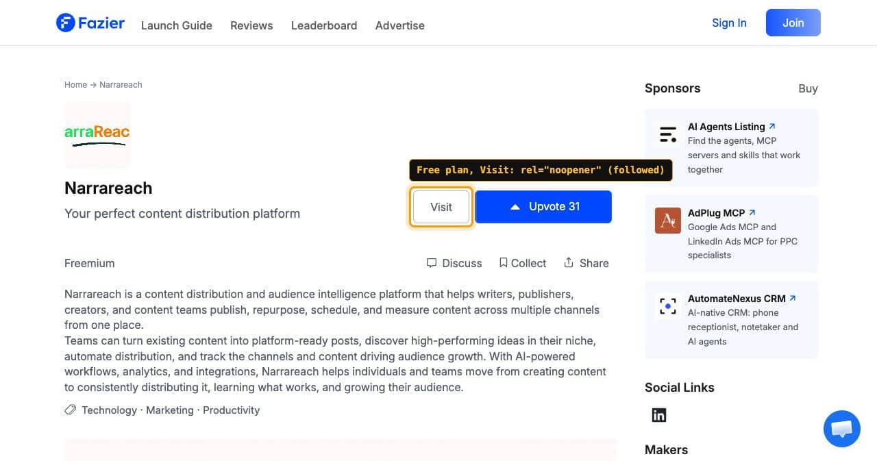 Fazier launch page for Narrareach, a free-plan launch from October 1, 2026 with 31 upvotes, its Visit button framed and labeled rel="noopener" (followed)