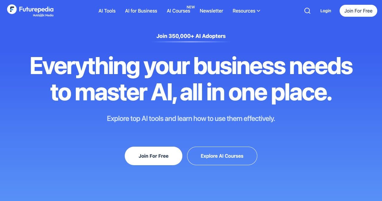 Futurepedia homepage with the HubSpot Media logo and the headline Everything your business needs to master AI, all in one place