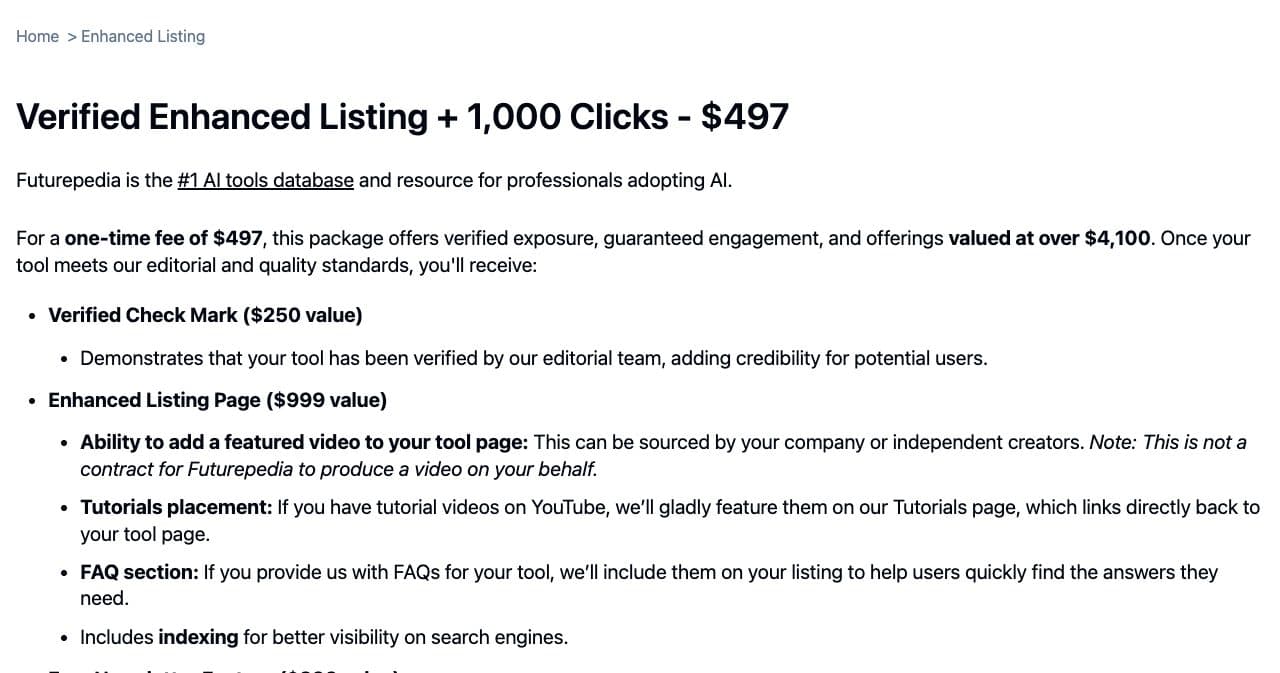 Futurepedia offer page headed Verified Enhanced Listing + 1,000 Clicks, $497, listing the verified check mark and the enhanced listing page