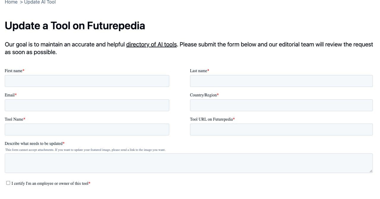 Futurepedia Update a Tool form with fields for name, email, country, tool name, tool URL on Futurepedia and the change requested