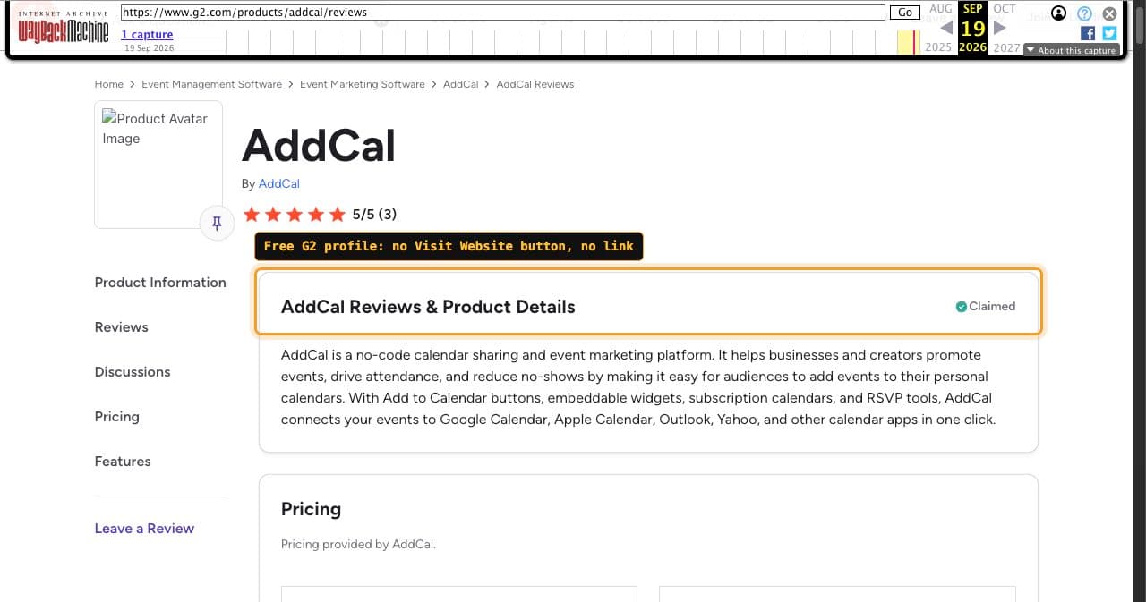 Internet Archive copy of AddCal's free G2 profile, captured September 19, 2026, with the product details header framed and no Visit Website button