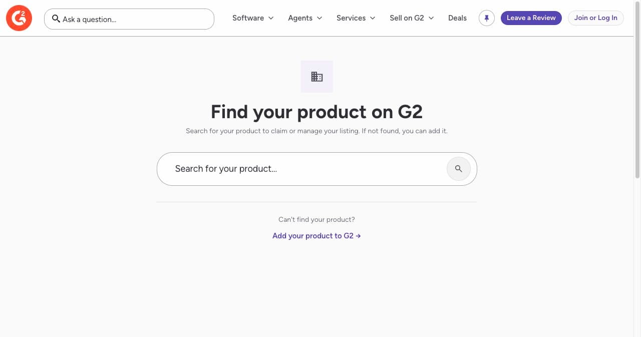 G2 page titled Find your product on G2, with a product search box and an Add your product to G2 link