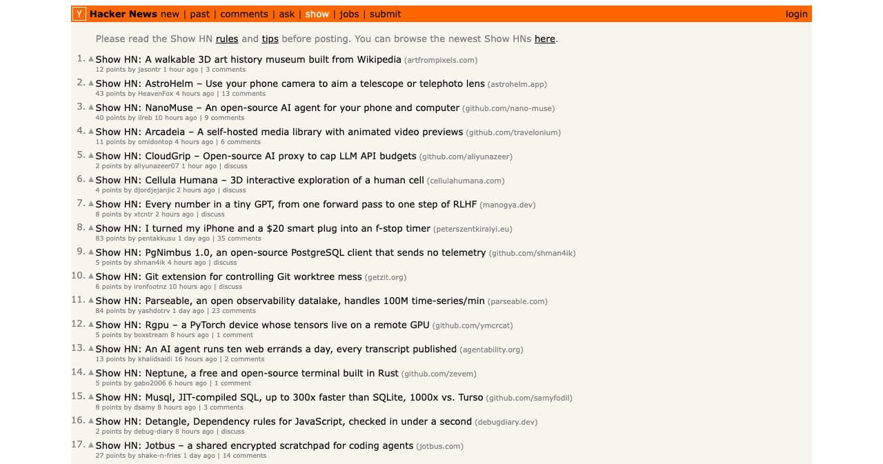 Hacker News Show page listing Show HN posts with their points and comment counts
