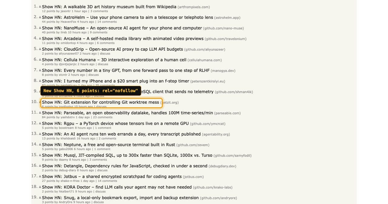 Hacker News Show page with a 6-point Show HN story link framed and labeled rel="nofollow"