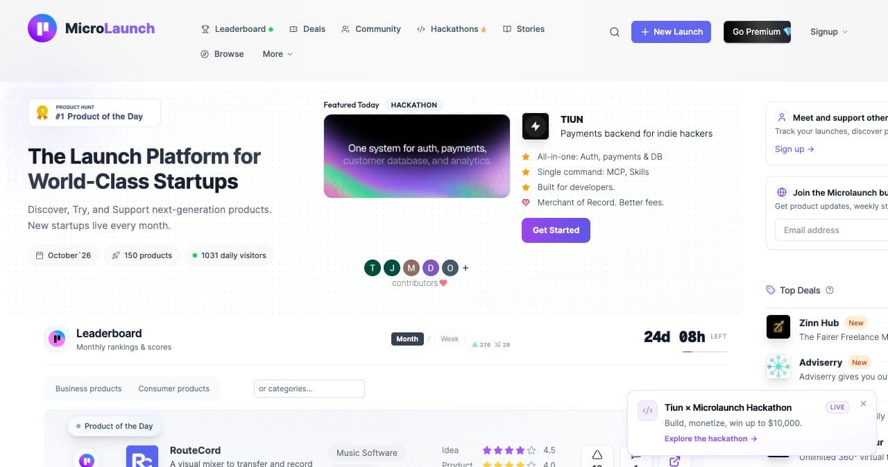 Microlaunch homepage for October 2026 showing 150 products, a daily visitor counter and the monthly leaderboard with its Product of the Day