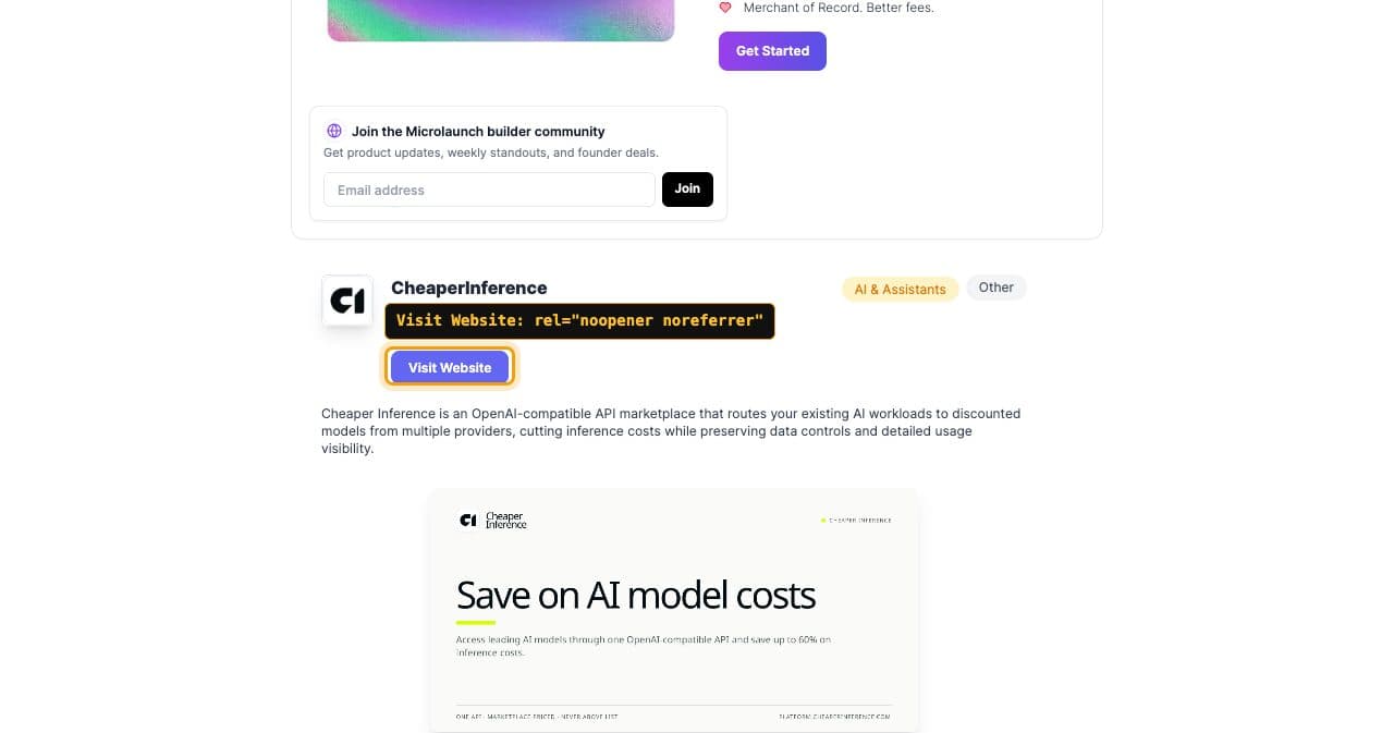 Microlaunch product page for CheaperInference, a listing marked as not premium, with its Visit Website button framed and labeled rel="noopener noreferrer"