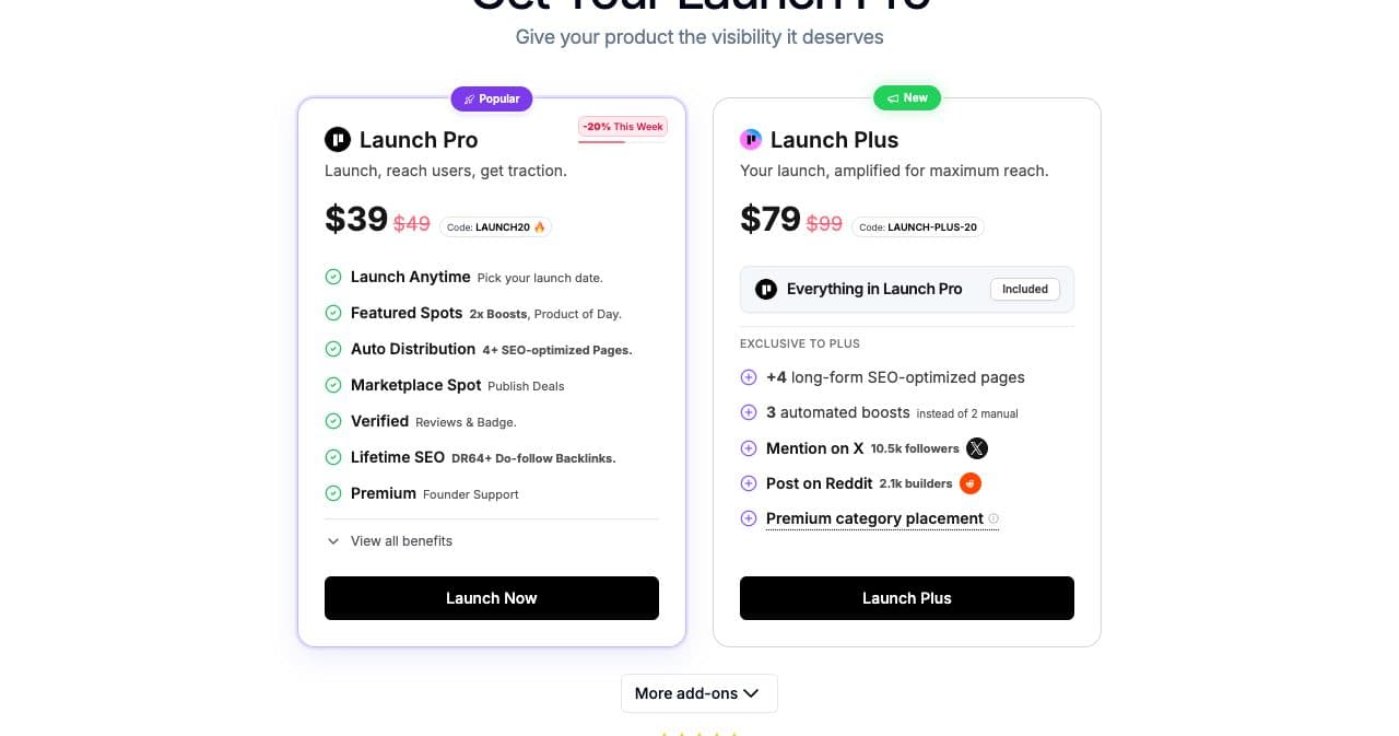 Microlaunch pricing cards: Launch Pro at $39 next to a struck $49 with code LAUNCH20, and Launch Plus at $79 next to a struck $99 with code LAUNCH-PLUS-20