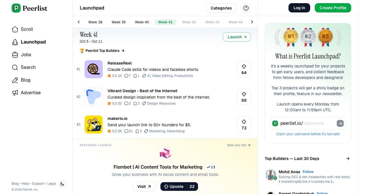 Peerlist Launchpad for Week 41 (October 5 to 11, 2026): the top three projects with upvote counts, a Featured Launch card and the note that launch opens every Monday from 12:00am to 11:59pm UTC