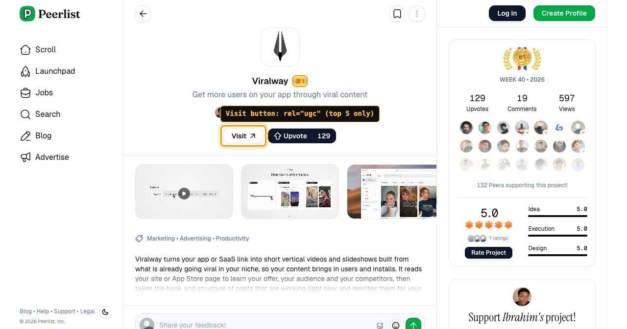 Peerlist project page for Viralway, the Week 40 number one, with its Visit button framed and labeled rel="ugc" (top 5 only)