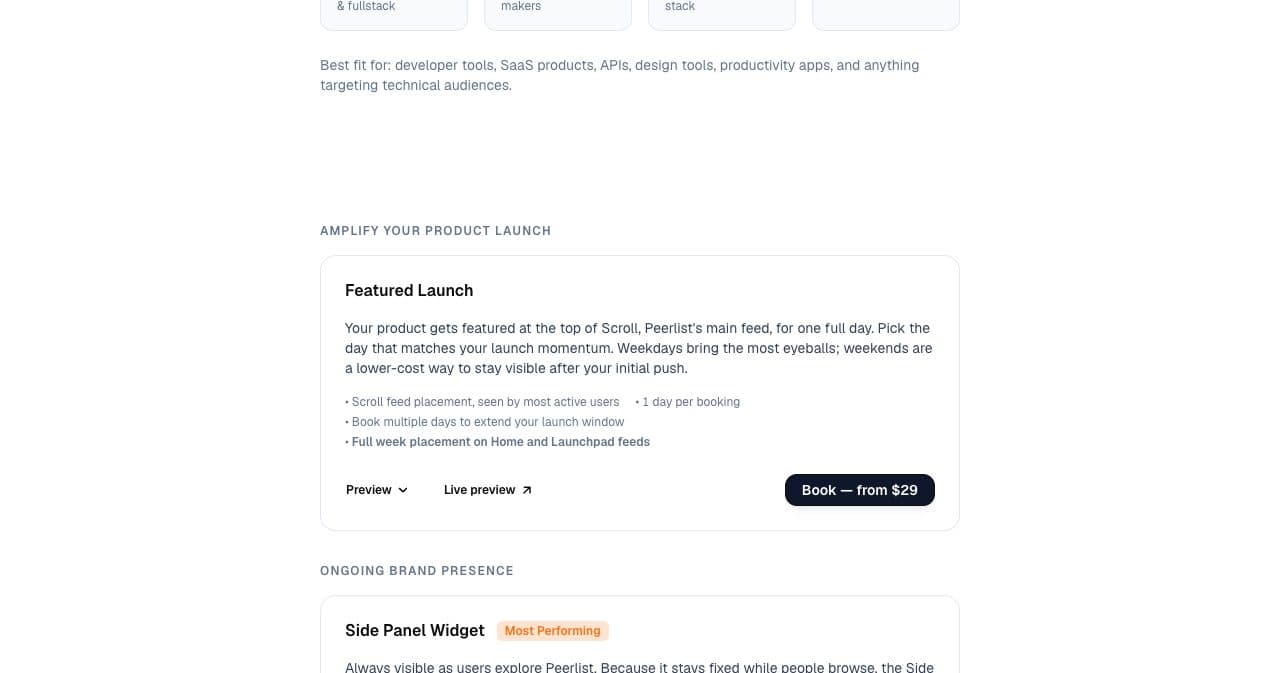 Peerlist ad page, Featured Launch card: top of the Scroll feed for one full day, 1 day per booking, full week placement on Home and Launchpad feeds, Book from $29
