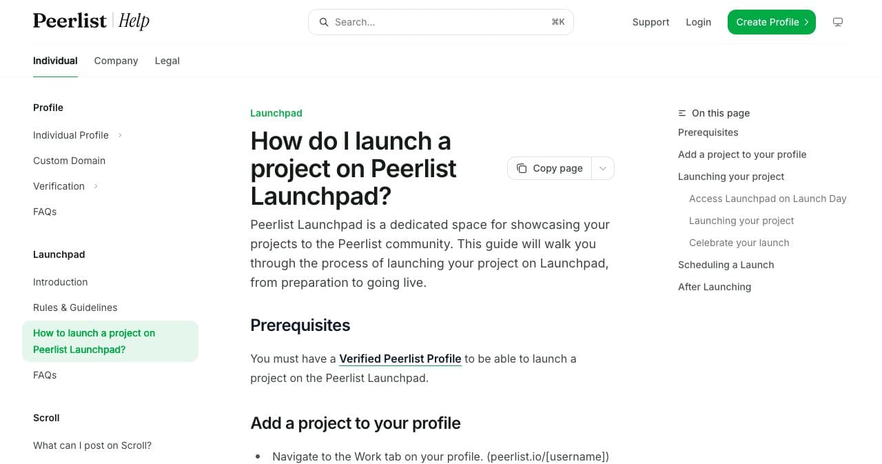 Peerlist help center article "How do I launch a project on Peerlist Launchpad?" with the prerequisite: a Verified Peerlist Profile