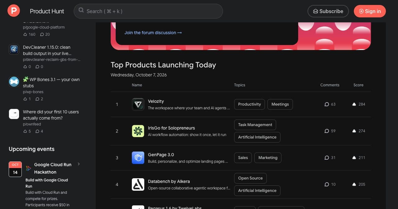 Product Hunt homepage leaderboard "Top Products Launching Today" for Wednesday, October 7, 2026