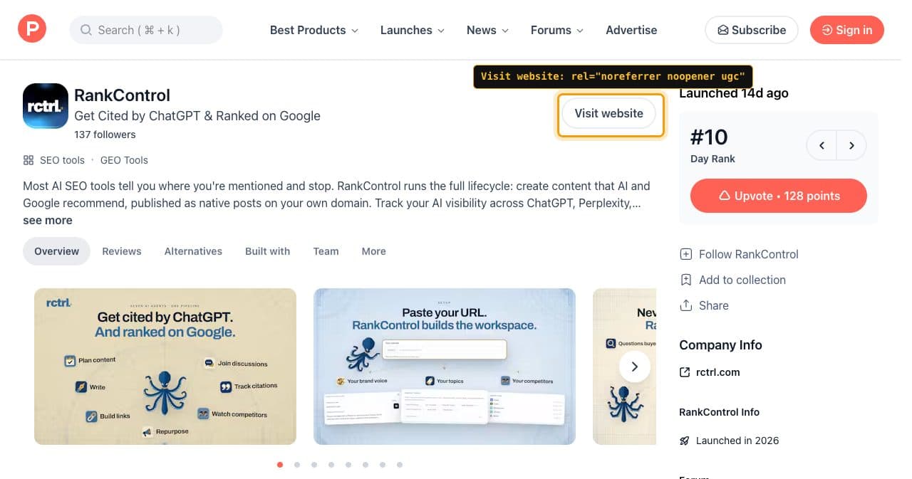 RankControl product page on Product Hunt with the Visit website button framed and labeled rel="noreferrer noopener ugc"