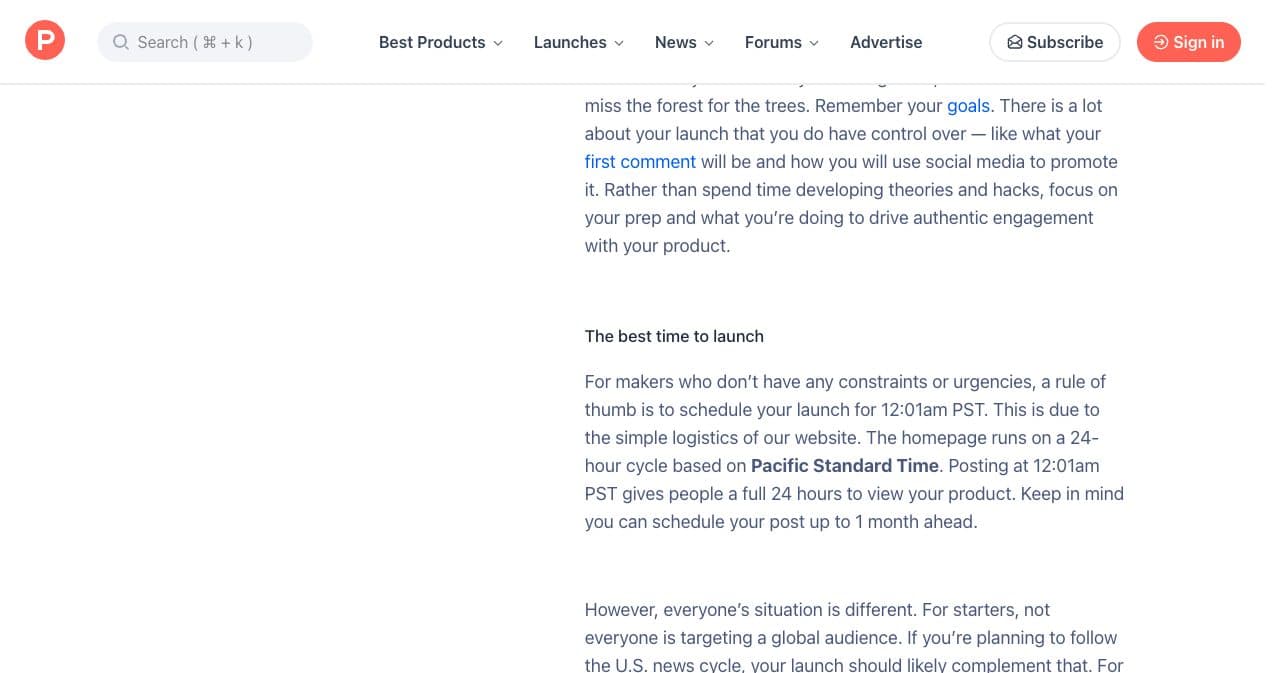 Product Hunt launch guide section "The best time to launch": schedule for 12:01am PST, up to 1 month ahead