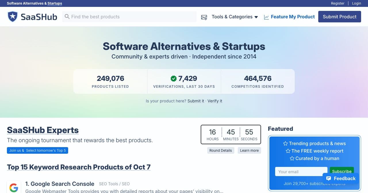 SaaSHub homepage hero reading Software Alternatives & Startups, with counters for 249,076 products listed, 7,429 verifications in the last 30 days and 464,576 competitors identified