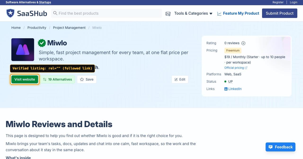 SaaSHub listing for Miwlo with its green verified badge and the Visit website button framed, labeled rel="" (followed link)