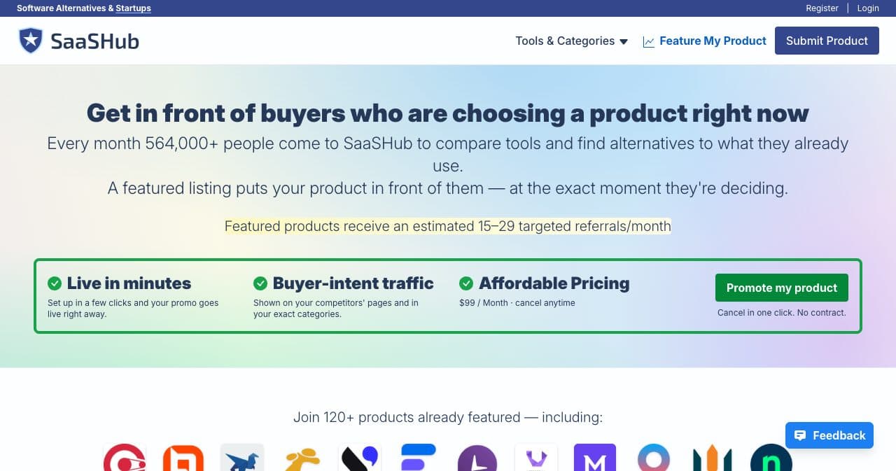 SaaSHub featured listing page showing $99 / Month, cancel anytime, and an estimate of 15 to 29 targeted referrals a month