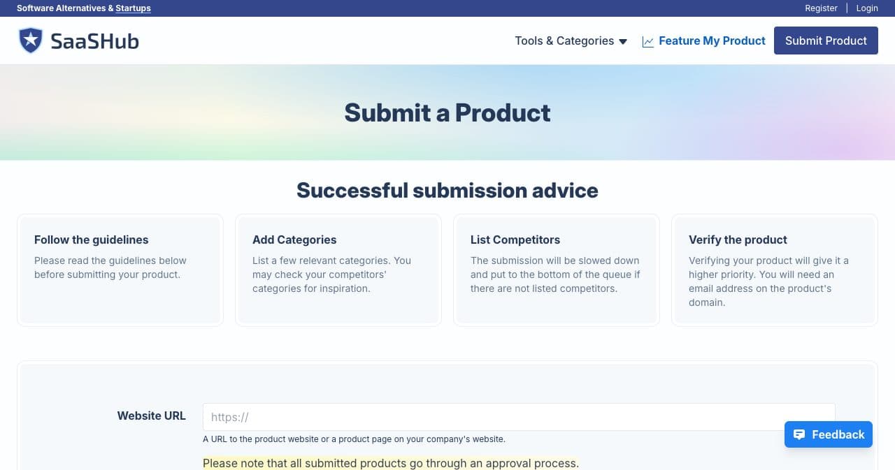 SaaSHub Submit a Product page with four advice boxes (follow the guidelines, add categories, list competitors, verify the product) above the Website URL field