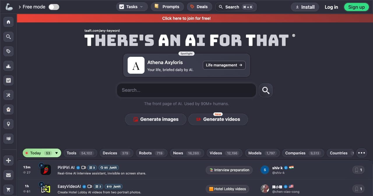 There's An AI For That homepage with its search box, a Spotlight slot and the Today feed of new AI tools
