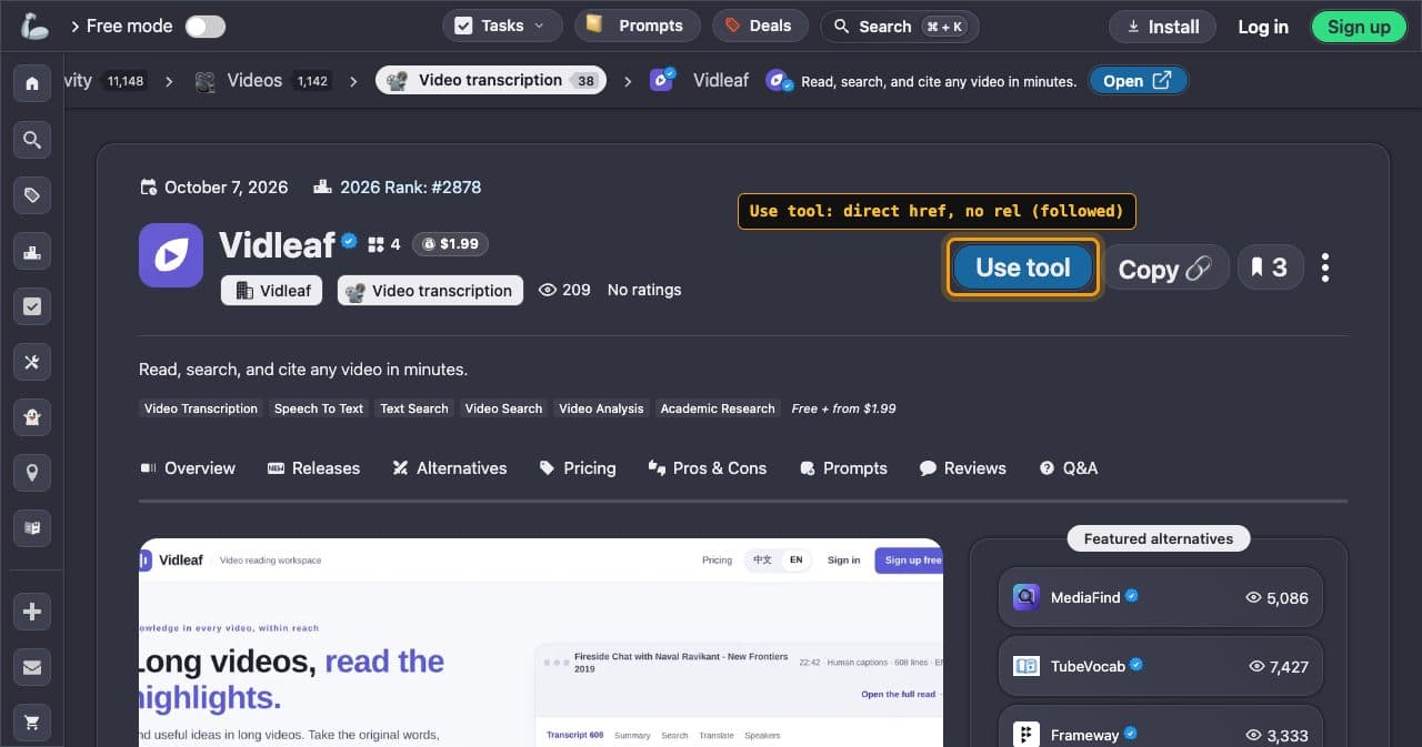 Vidleaf listing on There's An AI For That, dated October 7, 2026, with the Use tool button framed and labeled: direct href, no rel (followed)