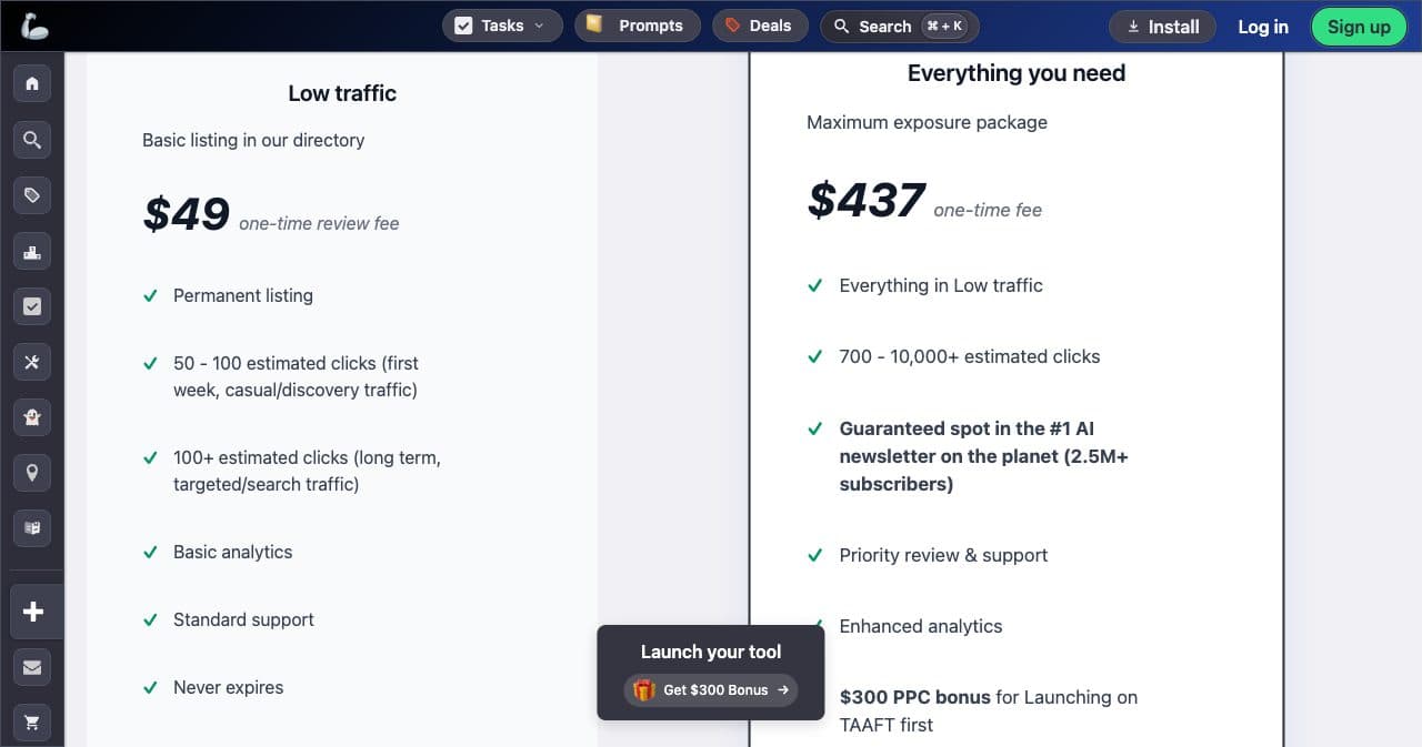 TAAFT launch page pricing: Low traffic at $49 one-time review fee and Everything you need at $437 one-time fee, with their feature lists