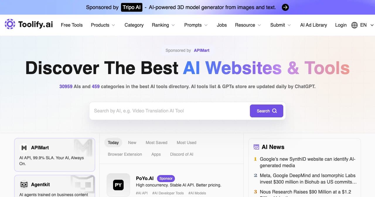 Toolify.ai homepage headed Discover The Best AI Websites & Tools, with 30959 AIs and 459 categories, a search box and sponsored slots
