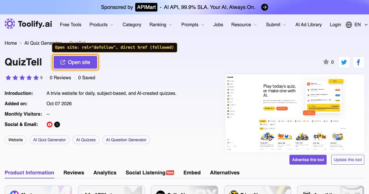 QuizTell listing on Toolify, added October 7, 2026, with the Open site button framed and labeled rel="dofollow", direct href (followed)