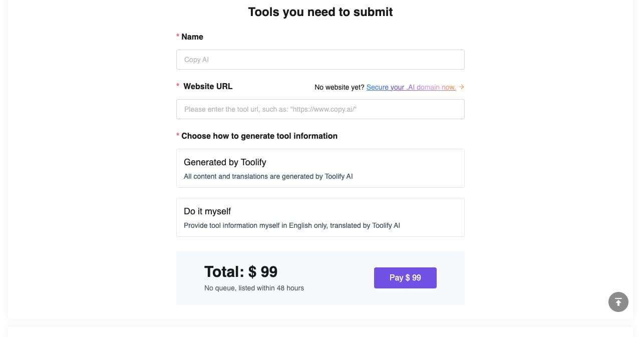 Toolify submit form with Name and Website URL fields, the Generated by Toolify or Do it myself choice and a total of $99