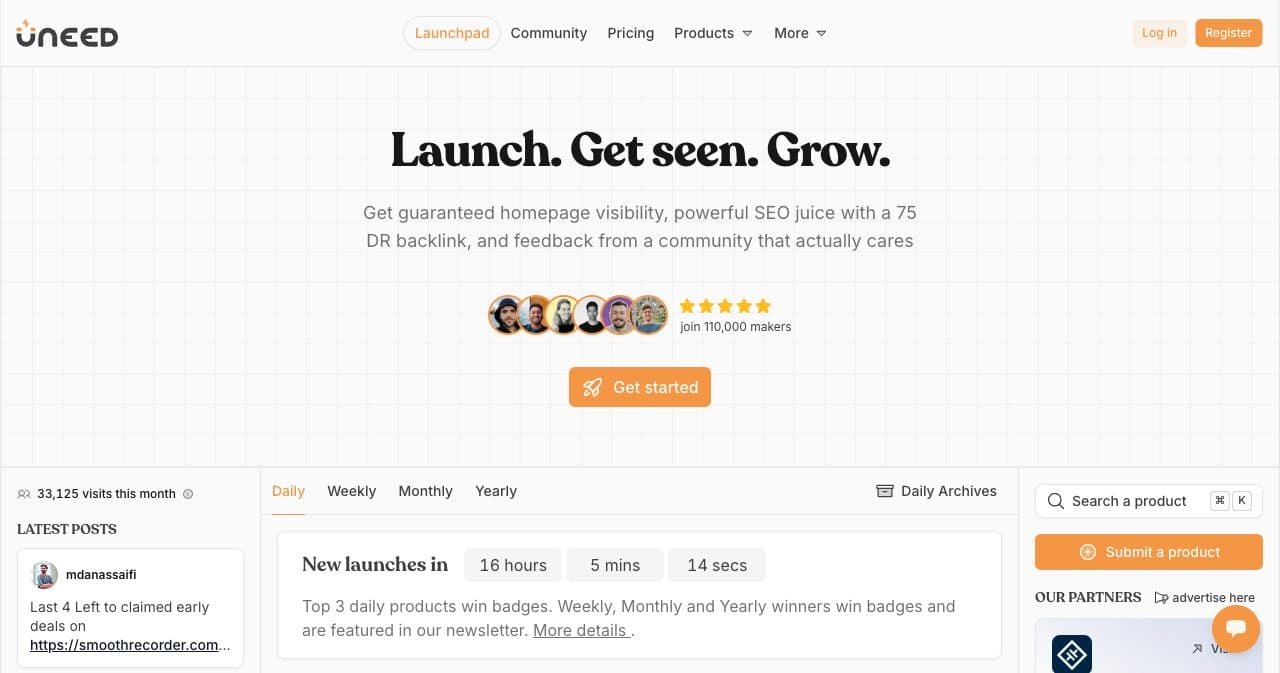 Uneed homepage with the headline "Launch. Get seen. Grow." above the daily, weekly, monthly and yearly leaderboard tabs