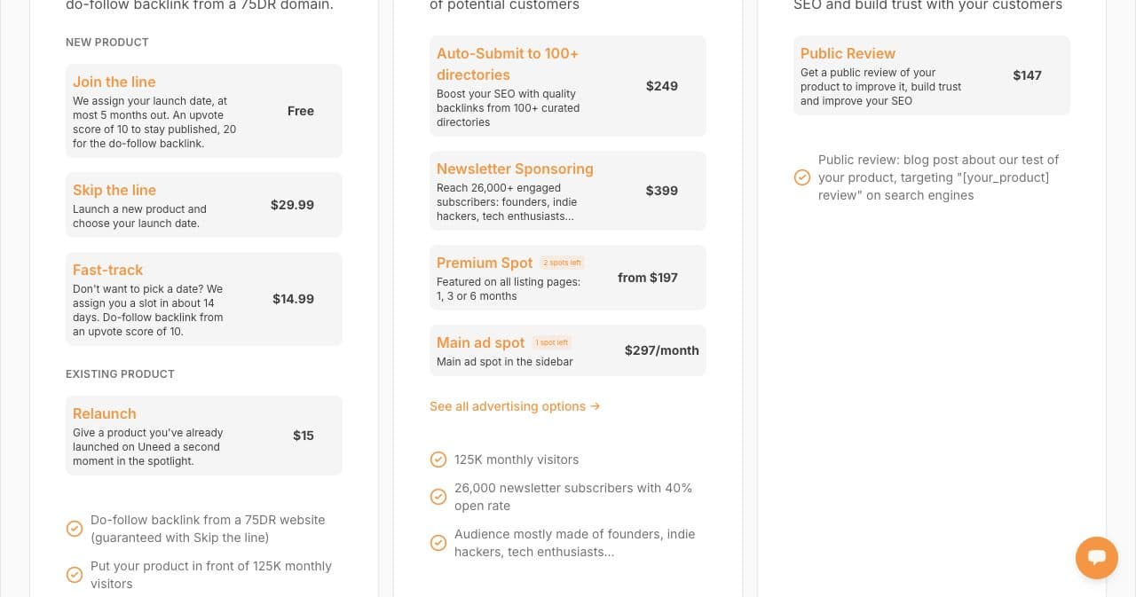Uneed pricing page: Join the line free, Skip the line $29.99, Fast-track $14.99 and Relaunch $15, next to advertising and review prices