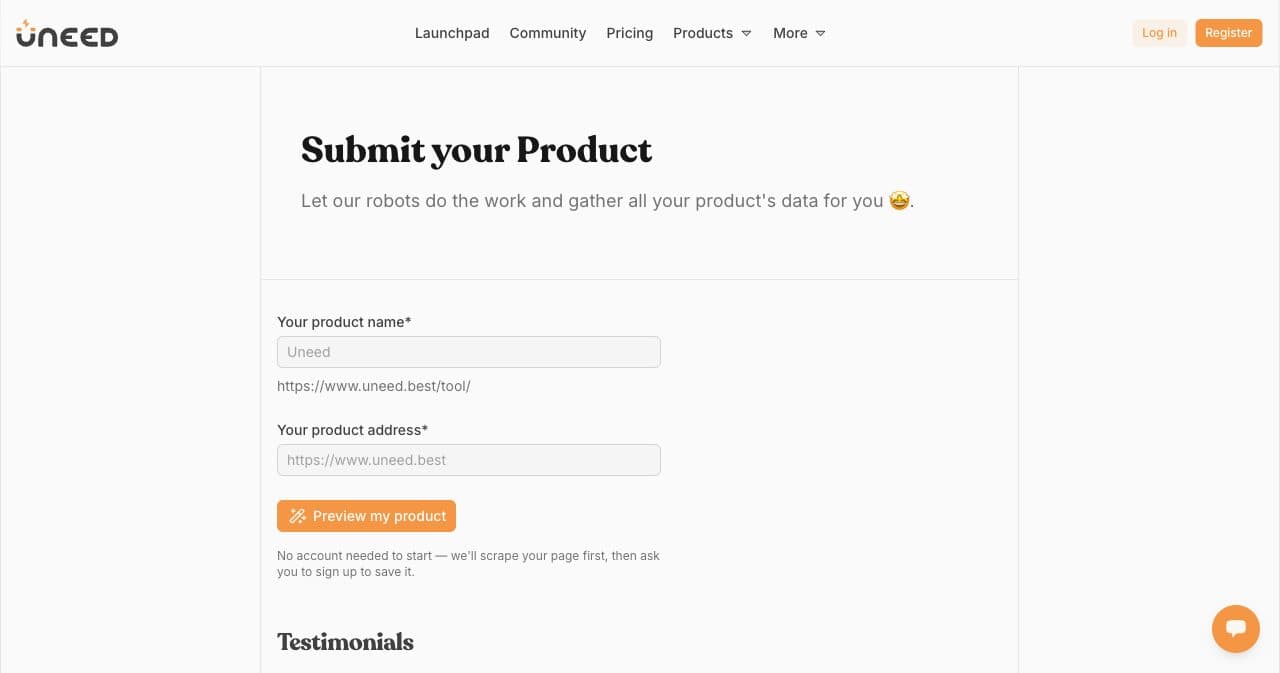 Uneed submit form asking for the product name and product address, with no account needed to start