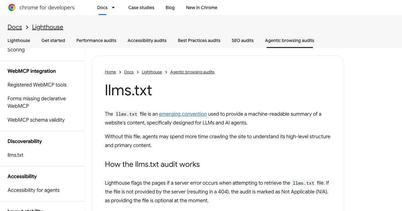 Chrome for Developers page for the Lighthouse llms.txt audit under Agentic browsing audits, saying the file is an emerging convention and that a missing file is marked not applicable.