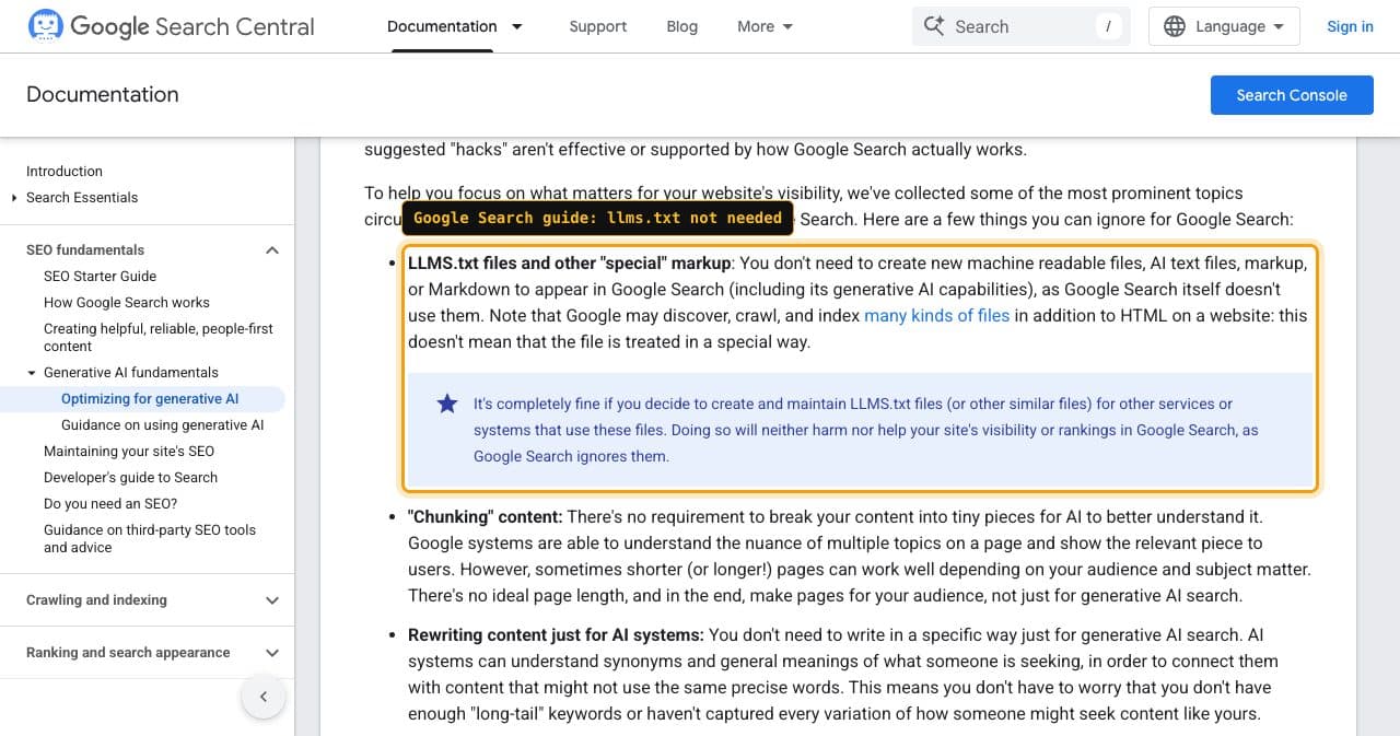 Google's guide to optimizing for generative AI features, mythbusting section, with the item on LLMS.txt files framed: Google Search doesn't use them, and keeping one neither harms nor helps visibility or rankings in Google Search.
