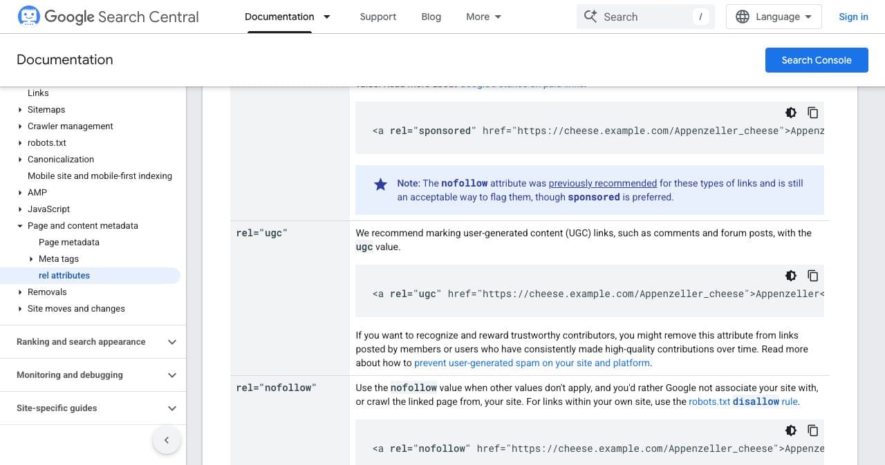 Google's rel values table. rel="sponsored" has an example and a note that nofollow is still acceptable for paid links; rel="ugc" covers comments and forum posts; rel="nofollow" covers links Google should not associate with your site.