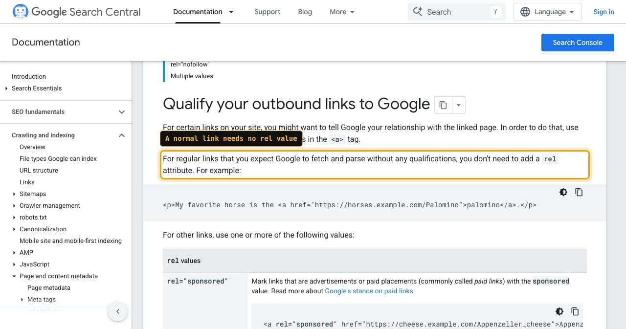 Google Search Central page "Qualify your outbound links to Google" with one sentence framed: for regular links that Google can fetch and parse without qualifications, you don't need to add a rel attribute. Below it are an example link and the start of the rel values table.